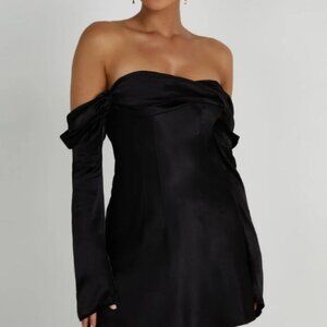 MESHKI Giselle Off The Shoulder Satin Mini Dress Long Sleeve Black